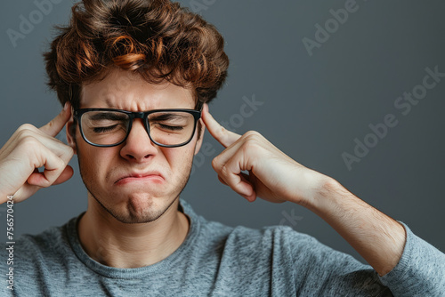 university student in glasses closing eyes and plugging ears with fingers to ignore noise, dumb stupid comments