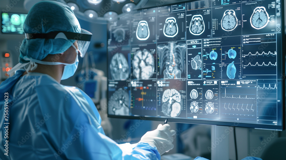Doctor professional watching brain scans results in computer monitors at control room. Doctor professional watching brain scans results in computer monitors at control room.