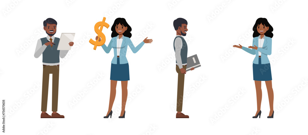 Obraz premium Set of Businessman and businesswoman character vector design. Indian people working in office planning and economic analysis illustration. Presentation in various action.