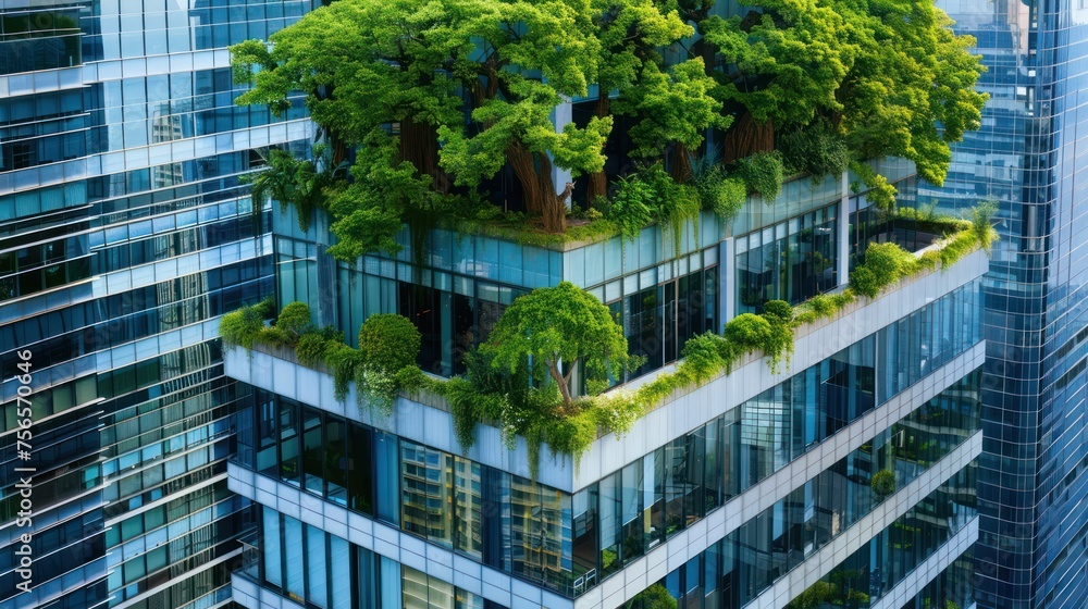 Eco-friendly building in the modern city. Sustainable glass office building with tree for reducing heat and carbon dioxide. Eco-friendly building in the modern city. Sustainable glass office building with tree for reducing heat and carbon dioxide.