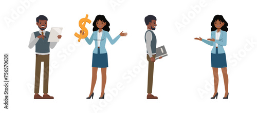 Set of Businessman and businesswoman character vector design. Indian people working in office planning and economic analysis illustration. Presentation in various action.