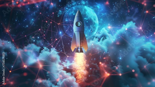Epic Space Rocket Launch Illustration with Fiery Boosters, Signifying Breakthrough and Aspiration in Science and Technology