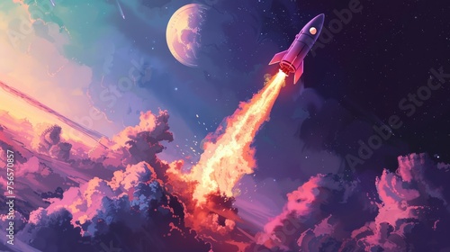 Vivid Illustration of a Cryptocurrency-Themed Rocket Soaring Through a Mystical Sky, Depicting the Aspiration of Crypto Investments© Sippung