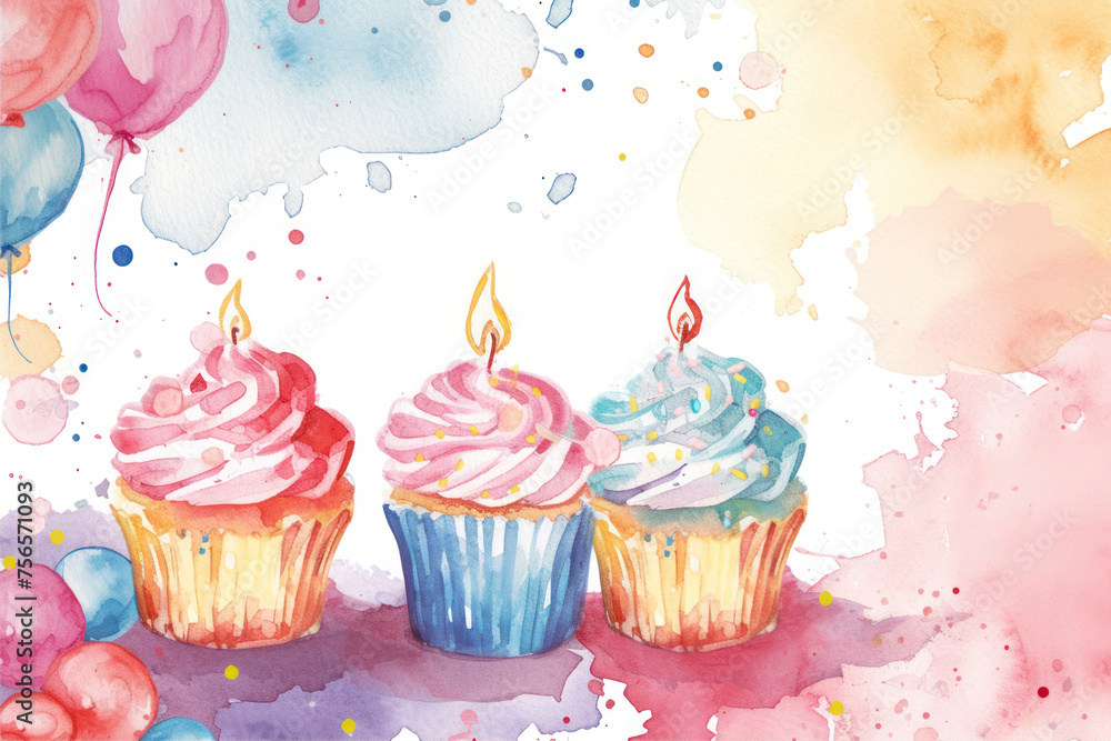 Cupcakes with candles and watercolor splashes on white background
