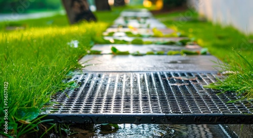 Refreshing Rainwater Drainage on a Green Path. Generative ai