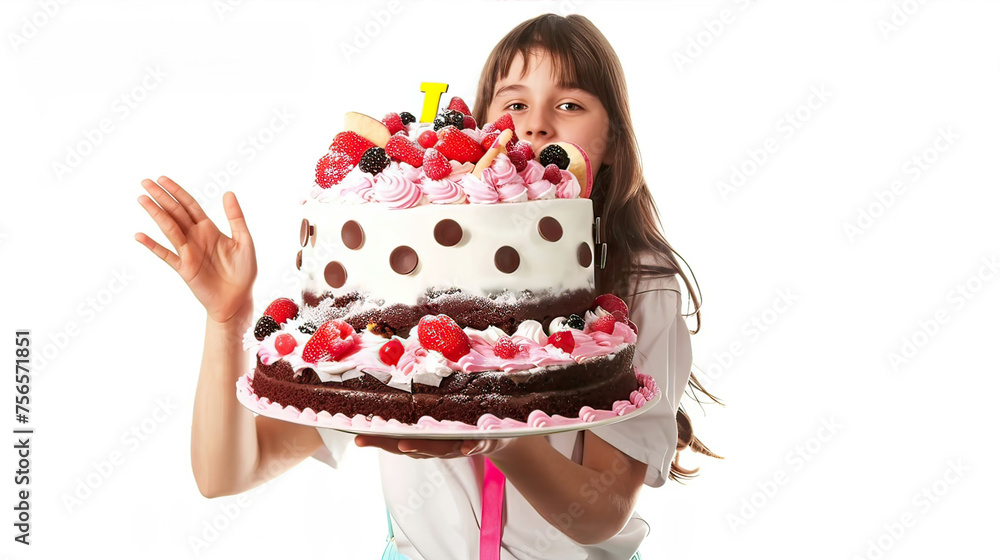 A girl on a white background holds a huge cake in her hands
A girl on a white background holds a huge cake in her hands