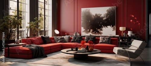 Elegant living room with red couch and stylish decor.