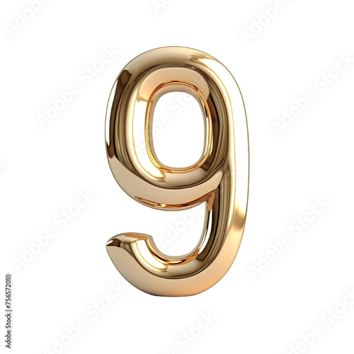 : 3d Royal Gold number "9" letter floating over a white background PNG