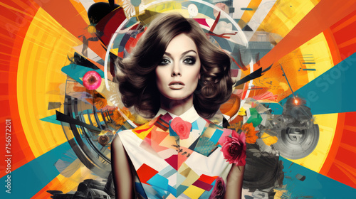 Retro collage with woman in Pop art vintage style, bright abstract background