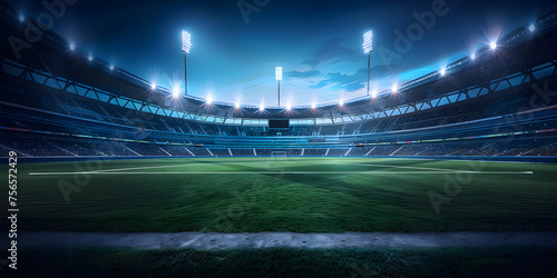 Modern large football stadium with green lawn and blue floodlight, stadium background illustration at night photo