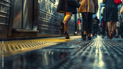Commuter legs walking next to a suburban train