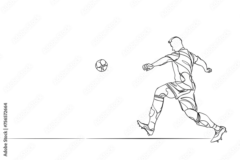 illustration of a soccer player dribbling the ball drawn in black line on a white background, soccer background image with place for text. Transparent background