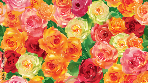 Seamless pattern background of colorful flat roses flowers wallpaper  floral design with vibrant colors