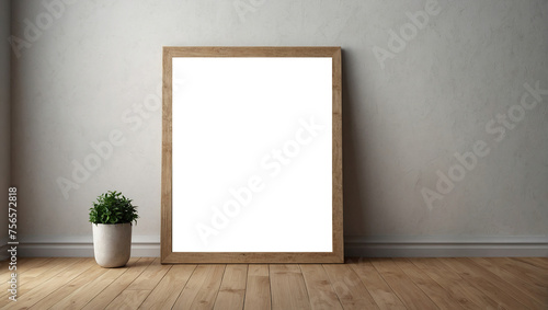 Empty Minimal wooden picture poster frame mockup on white wallpaper