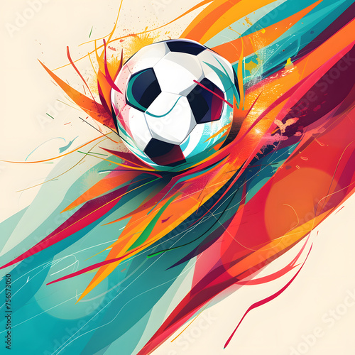 illustration of a soccer ball on a background of colored splashes of spots and stripes in a flat style, ball on a white background with space for text