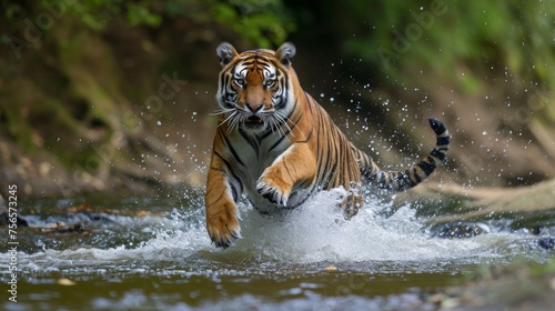 Siberian tiger running with a prisk in the water 