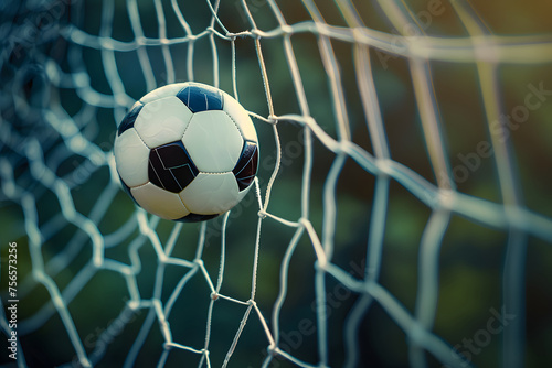 A soccer ball hits a goal with a net on a blurred background, illustration of a background with a soccer ball with space for text, successful kick © Svitlana Sylenko