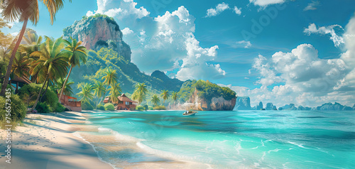 A tranquil tropical beach with clear waters, lush palms, wooden huts, and towering cliffs under a bright sky.
