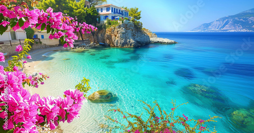 A serene beach with clear turquoise waters, surrounded by vibrant pink flowers and a classic white villa. Majestic mountains under a bright blue sky. photo