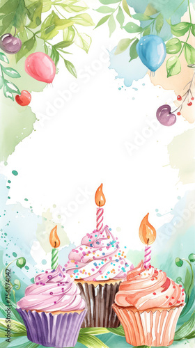 Watercolor birthday card with cupcakes  berries  leaves and candles