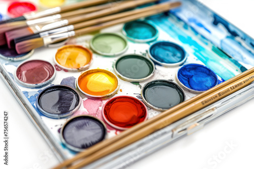 Watercolor paints and brushes on a white background, close-up