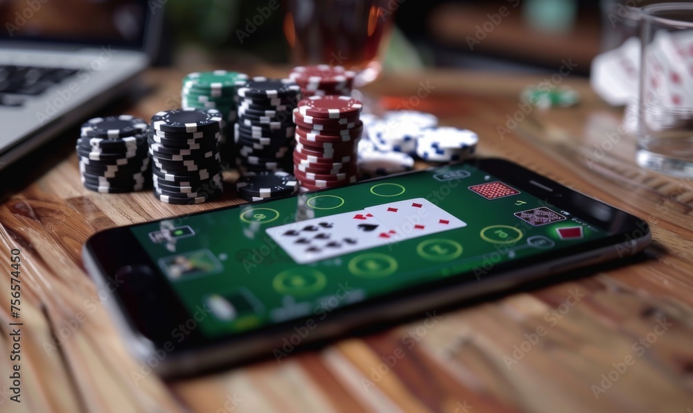 Smartphone screen showing a poker table in an online casino game. Smartphone screen showing a poker table in an online casino game.