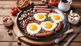 English breakfast.Fried eggs with sausages, mushrooms and beans. On a wooden background