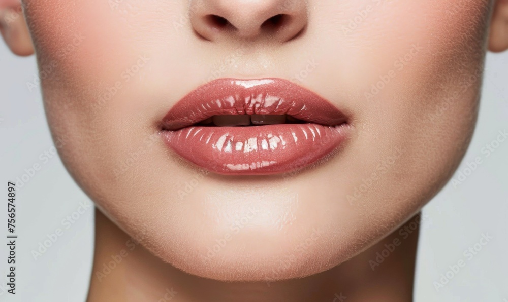 Naklejka premium Model's lips, perfectly outlined with lip pencil to define their shape before applying lipstick