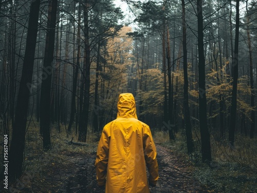 A faceless person wearing a bright yellow raincoat walking through a dark forest