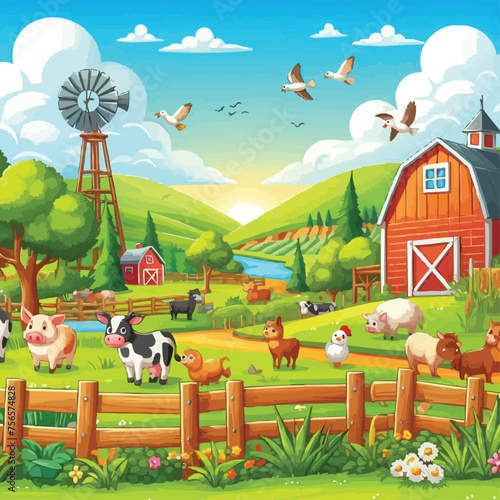 Landscape with farm animals vector illustration