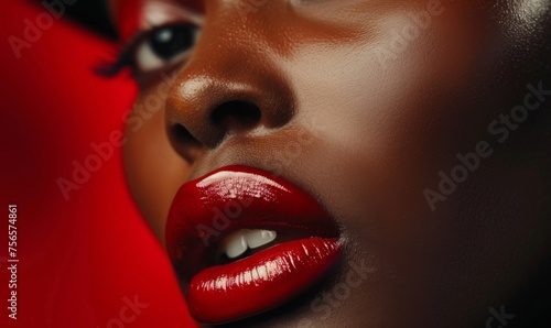 The model s lips are wearing bright red lipstick  emphasizing her rich pigment