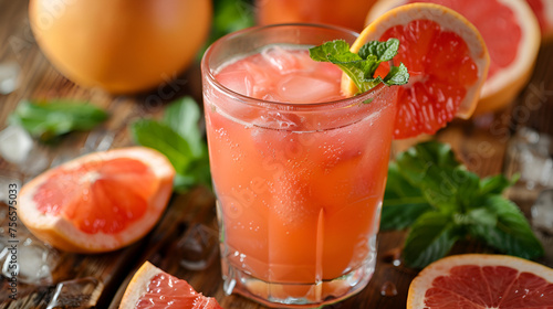 Glasses of delicious grapefruit juice on wooden table against blurred background, space for text ,Juice of red Sicilian oranges in a large glass, selective focus