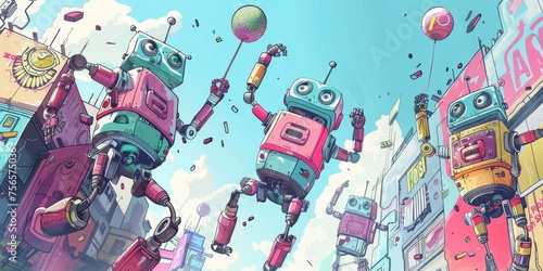 A playful illustration of robot street performers doing acrobatics and juggling photo