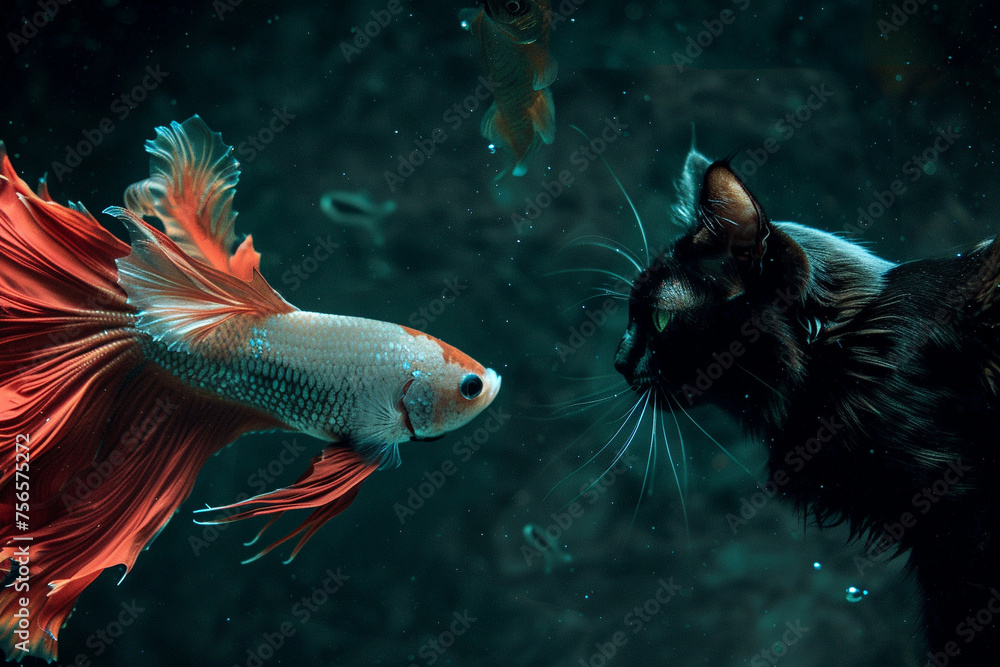 In the heart of a dark galaxy, an alien befriends a cat, both mesmerized by the dance of fighting fish, their movement creating living Moirï¿½ patterns