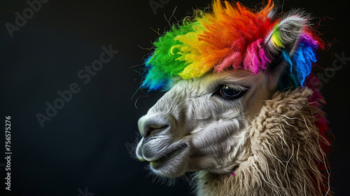King of alpacas, clown on the head , skin make of rainbow , portrait , hyper-realistic, shot on , EOF , 1/1000 , F/2.5 ,White balance 5.5k