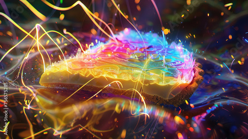 In a realm where electrified Quantum Quartz shapes destiny  a slice of pie reveals the Dharma of the universe. Neon sparks dance in a bizarre dance of fate.