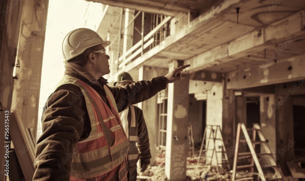 A construction engineer pointing to specific areas of a house under construction while giving instructions to construction workers A construction engineer pointing to specific areas of a house under construction while giving instructions to construction workers