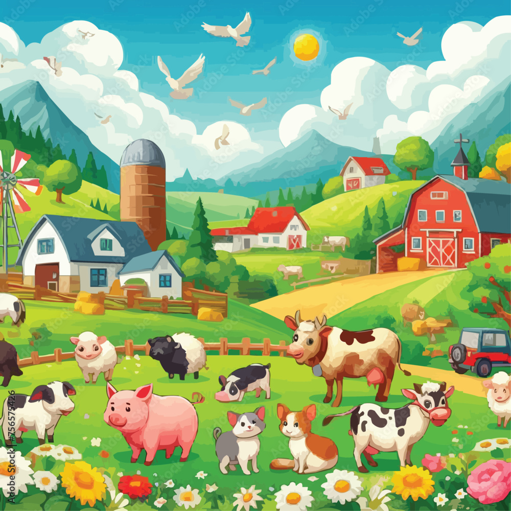 Landscape with farm animals vector illustration Landscape with farm animals vector illustration