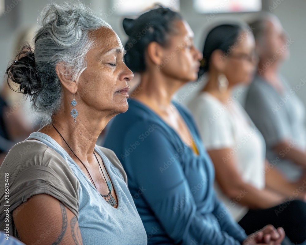 Diverse group of women engaging in a peaceful yoga meditation, showcasing age inclusivity and the unity of shared wellness experiences Diverse group of women engaging in a peaceful yoga meditation, showcasing age inclusivity and the unity of shared wellness experiences