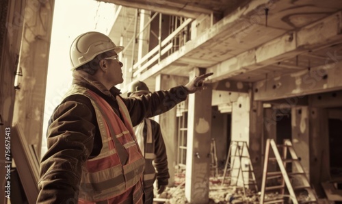 A construction engineer pointing to specific areas of a house under construction while giving instructions to construction workers