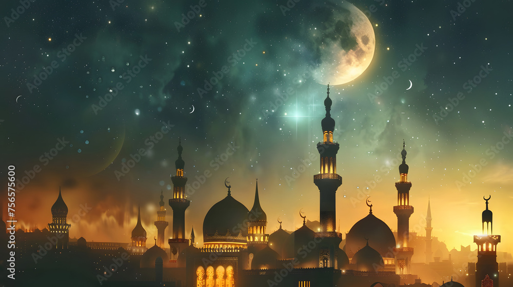 Ramadan Kareem greeting photo with serene mosque background with beautiful glowing lantern. - obrazy, fototapety, plakaty 