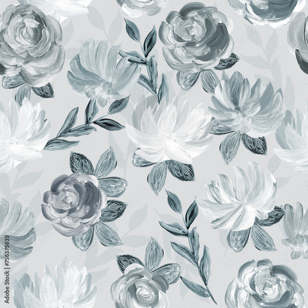 Seamless pattern of abstract painting gray flowers, original hand drawn, impressionism style, color texture, brush strokes of paint, art background.