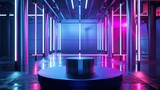 Neon-lit gym ambiance with metallic podium for holographic fitness presentations on a futuristic neon blue stage