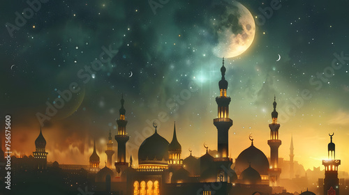 Ramadan Kareem greeting photo with serene mosque background with beautiful glowing lantern. photo