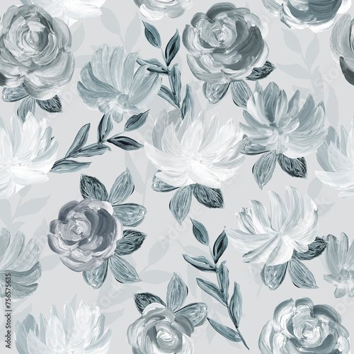 Seamless pattern of abstract painting gray flowers, original hand drawn, impressionism style, color texture, brush strokes of paint, art background. © Artlu