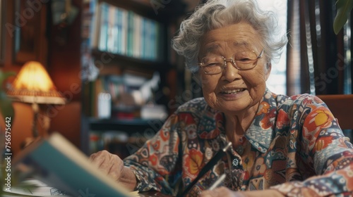 likeable enthusiastic 85 year old ethnically ambiguous tan woman cracking up while mid-sentence telling a story photo