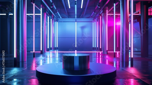 Neon-lit gym ambiance with metallic podium for holographic fitness presentations on a futuristic neon blue stage