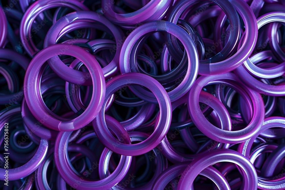 Symmetrical pattern of purple fitness bracelets in an aerial view, creating a unified geometric design