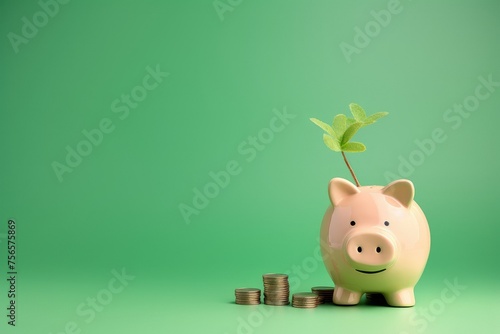 A green sprout grows from a piggy bank, copy space.
