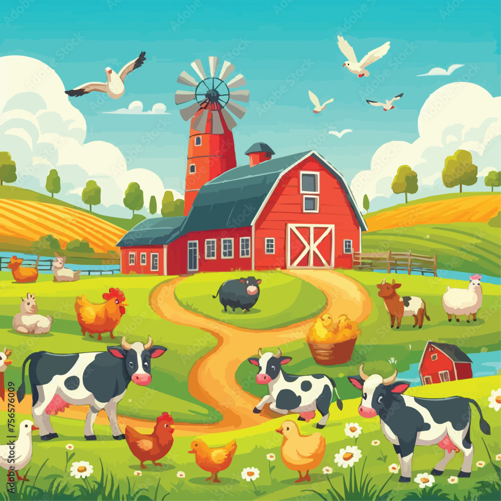 Fototapeta premium Landscape with farm animals vector illustration